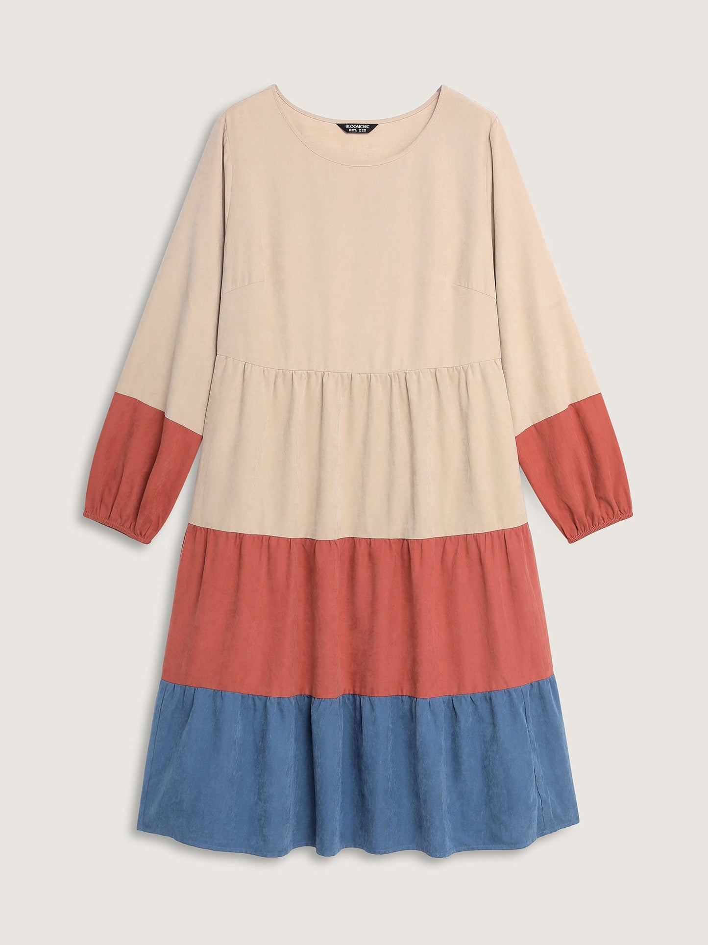 Color Contrast Tiered Round Neck Midi Dress