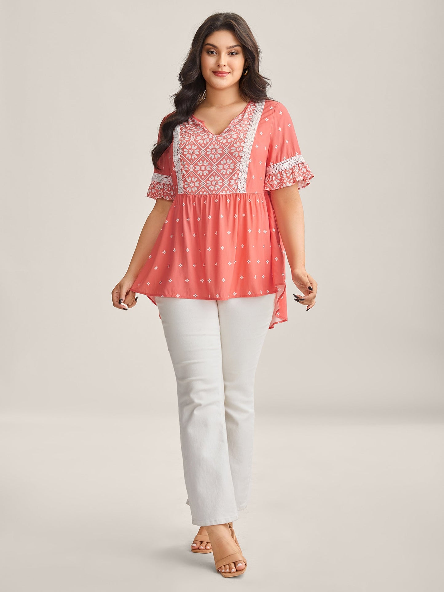 Boho Print Lace Babydoll Top