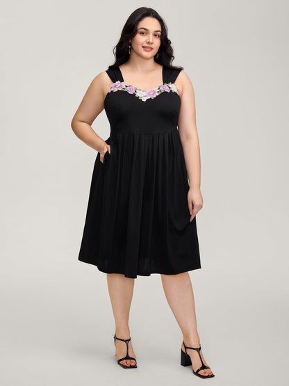 Floral Embroidered Neckline Lace Trim Midi Dress