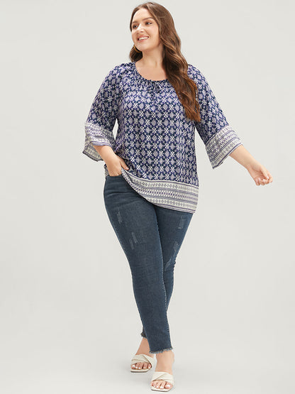 Floral Print Bell Sleeve Knotted Round Neck Blouse