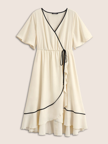 Anti-Wrinkle Wrap Tiered Ruffles Contrast Ties Dress