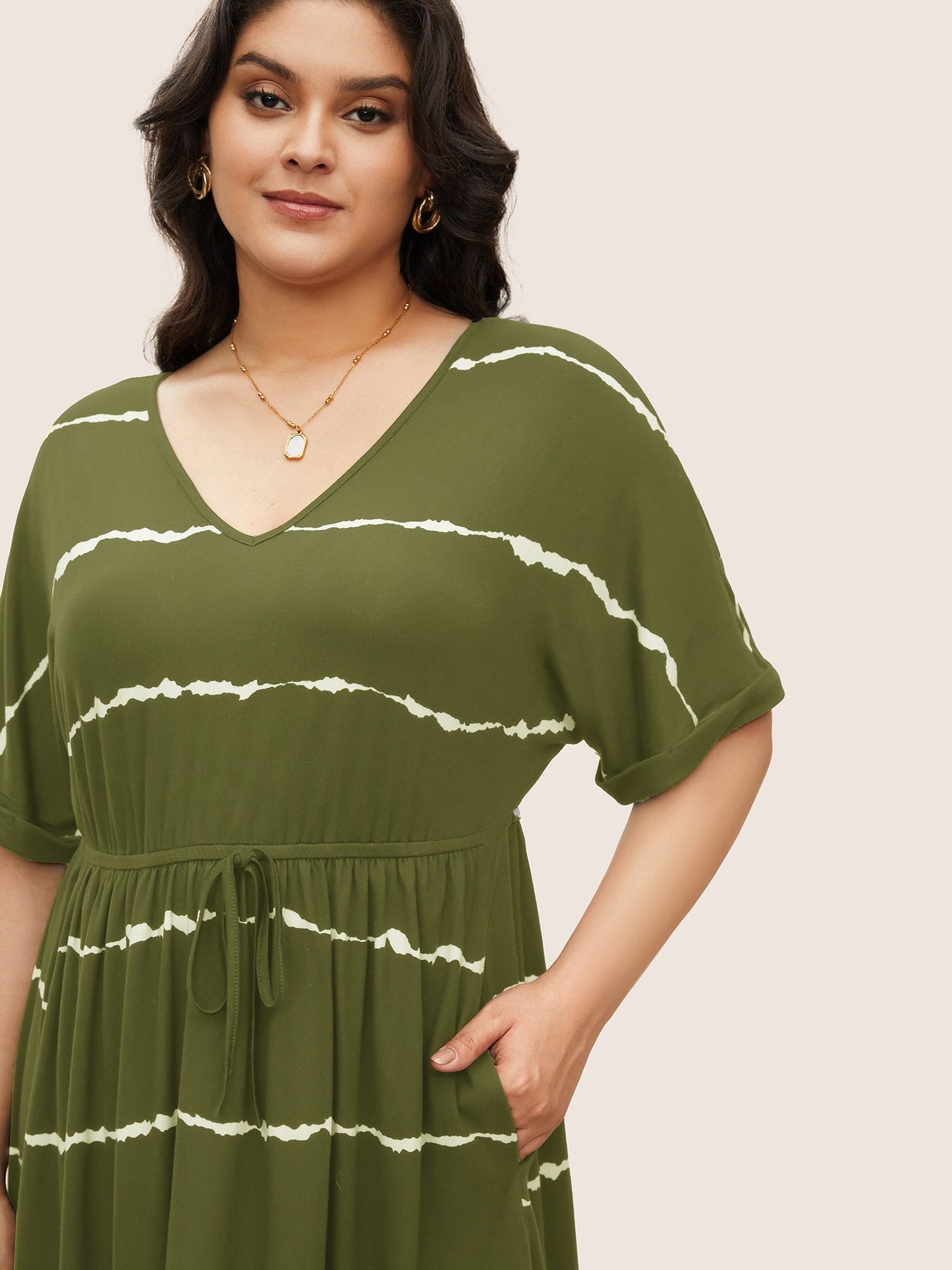 Tie Dye Roll Dolman Sleeve Pocket Gathered Knot Striped Dress