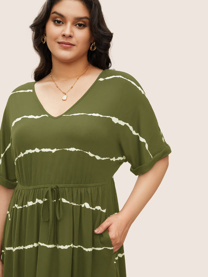 Tie Dye Roll Dolman Sleeve Pocket Gathered Knot Striped Dress