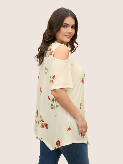 Rose Print Cold Shoulder T-shirt