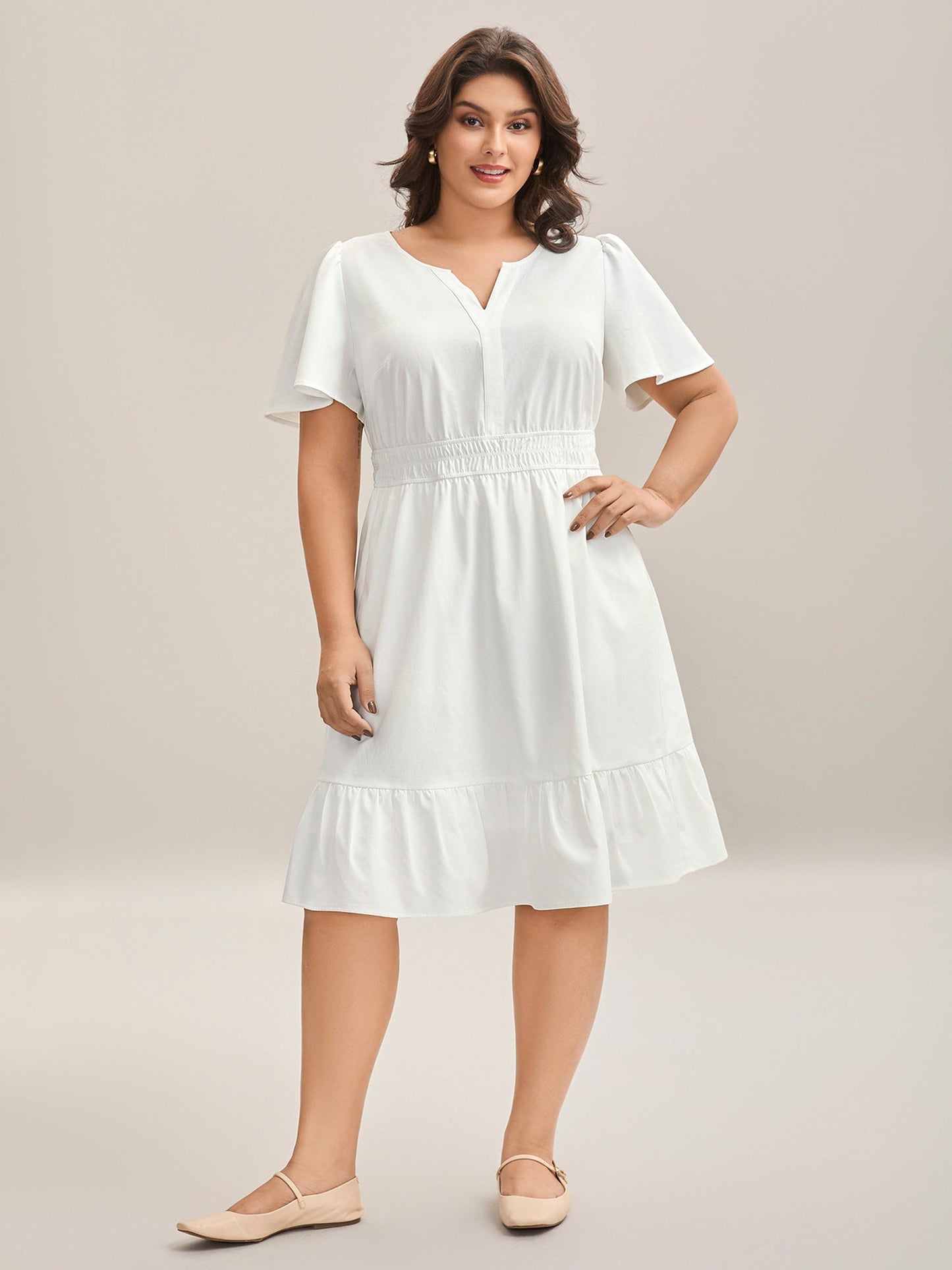 Woven Shirred Waist Split Neck Midi Dress