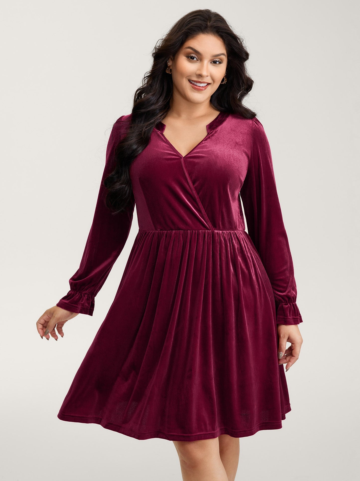 Velvet Pockets Wrap Neck Midi Dress