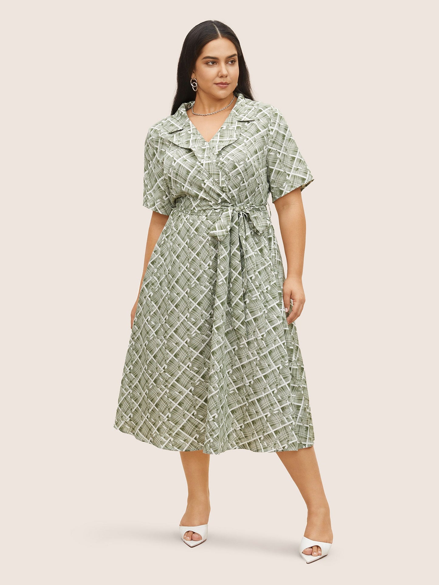 Geometric Suit Collar Button Up Belted Dress