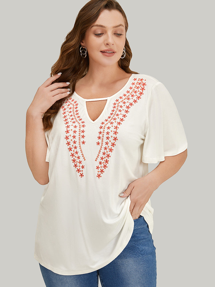 Floral Embroidered Ruffle Sleeve Keyhole Neck T-shirt