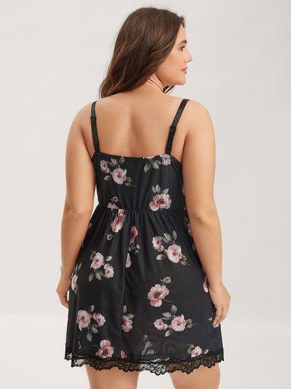 Rosy Print Lace Trim Deep V-Neck Sleep Dress