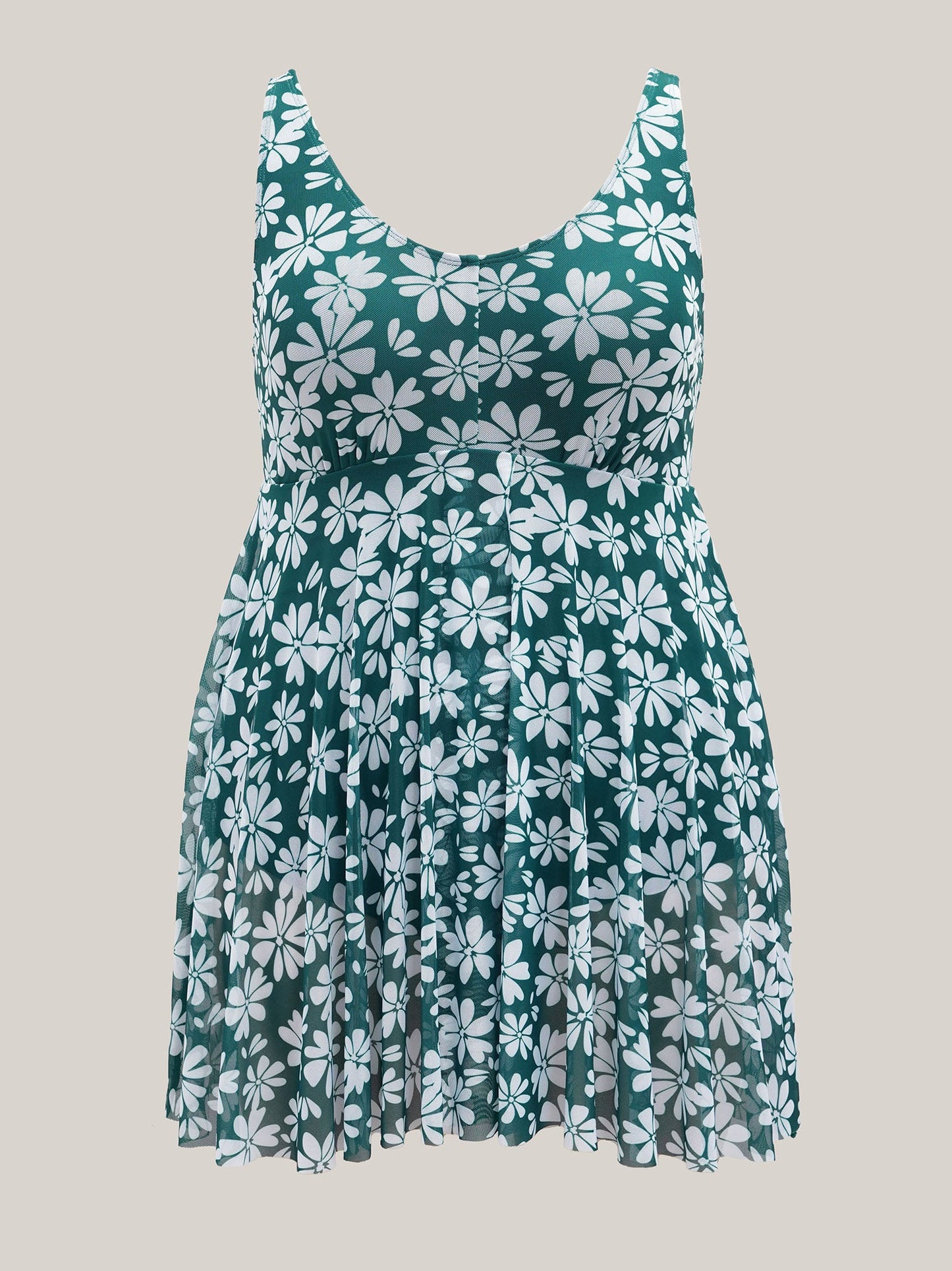 Daisy Print Mesh Waist-Defining Swim Dress