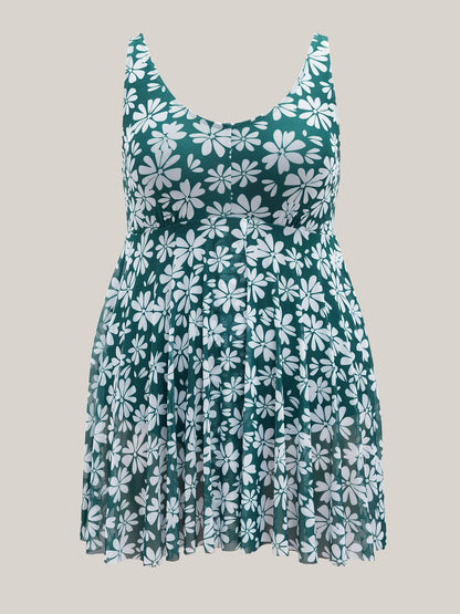 Daisy Print Mesh Waist-Defining Swim Dress