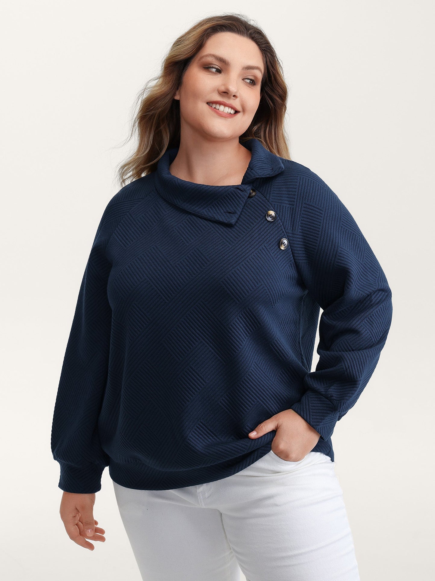 Textured Folded Collar Button Sweatshirt