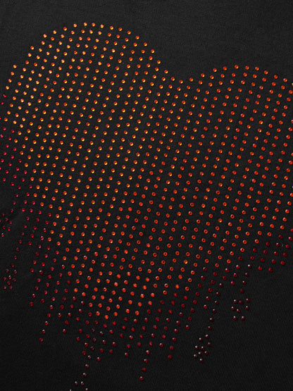 Heart Motif Rhinestones Round Neck Sweatshirt