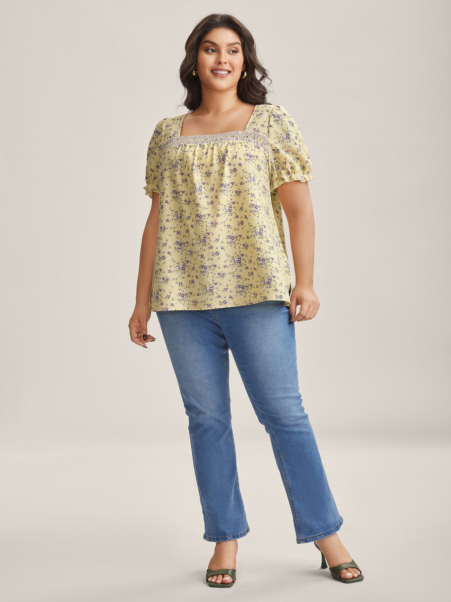 Floral Print Shirred Neck Color Contrast Blouse