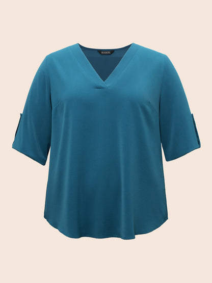 Solid Cuffed Sleeve Gathered Curved Hem Blouse