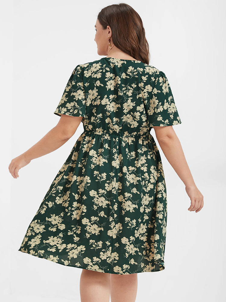 Floral Belted Button Ruffled Wrap Knee Dress
