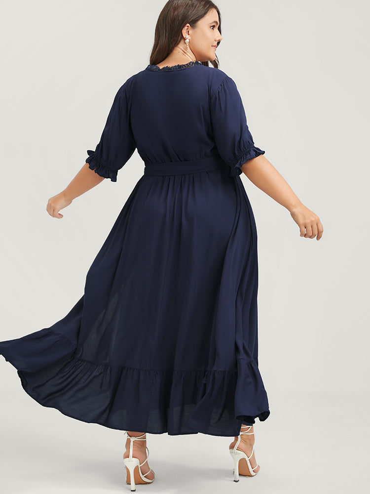 Solid Knotted Pocket Lace Trim Wrap Maxi Dress
