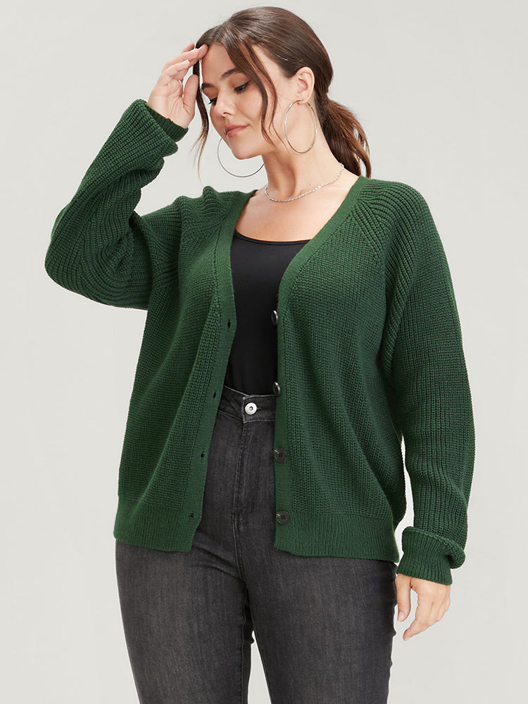 Solid Pointelle Knit Raglan Sleeve Button Front Cardigan