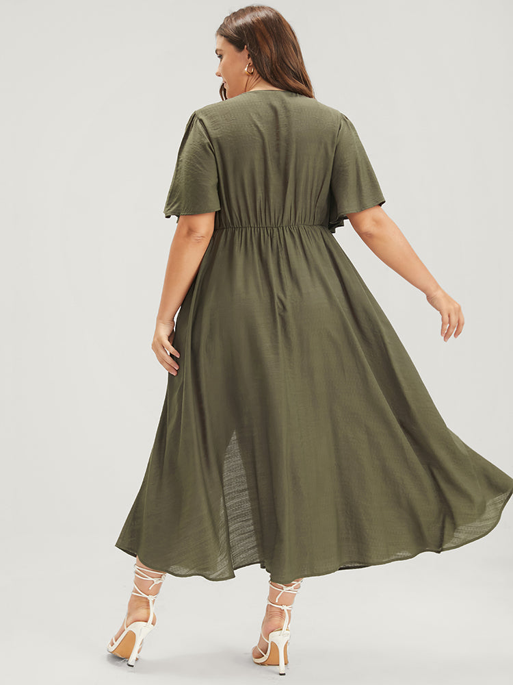 Solid Pocket Knotted  Embroidered Ruffles Hem Wrap Dress