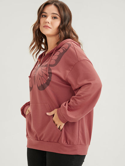 Butterfly Print Half Zipper Drawstring Hooded  Sweatshirt