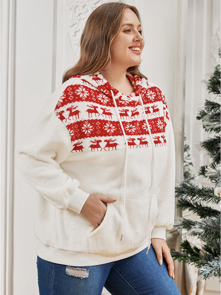 Elk & Snowflake Print Pocket Drawstring Hooded Sweatshirt