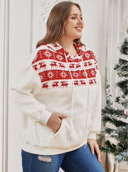 Elk & Snowflake Print Pocket Drawstring Hooded Sweatshirt