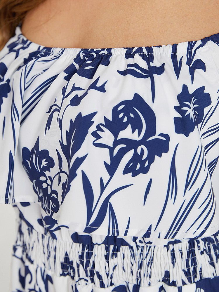 Floral Ruffle Trim Square Neck Shirred Pocket Dress