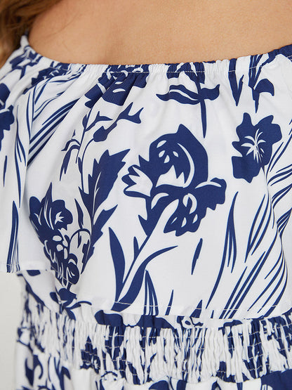 Floral Ruffle Trim Square Neck Shirred Pocket Dress