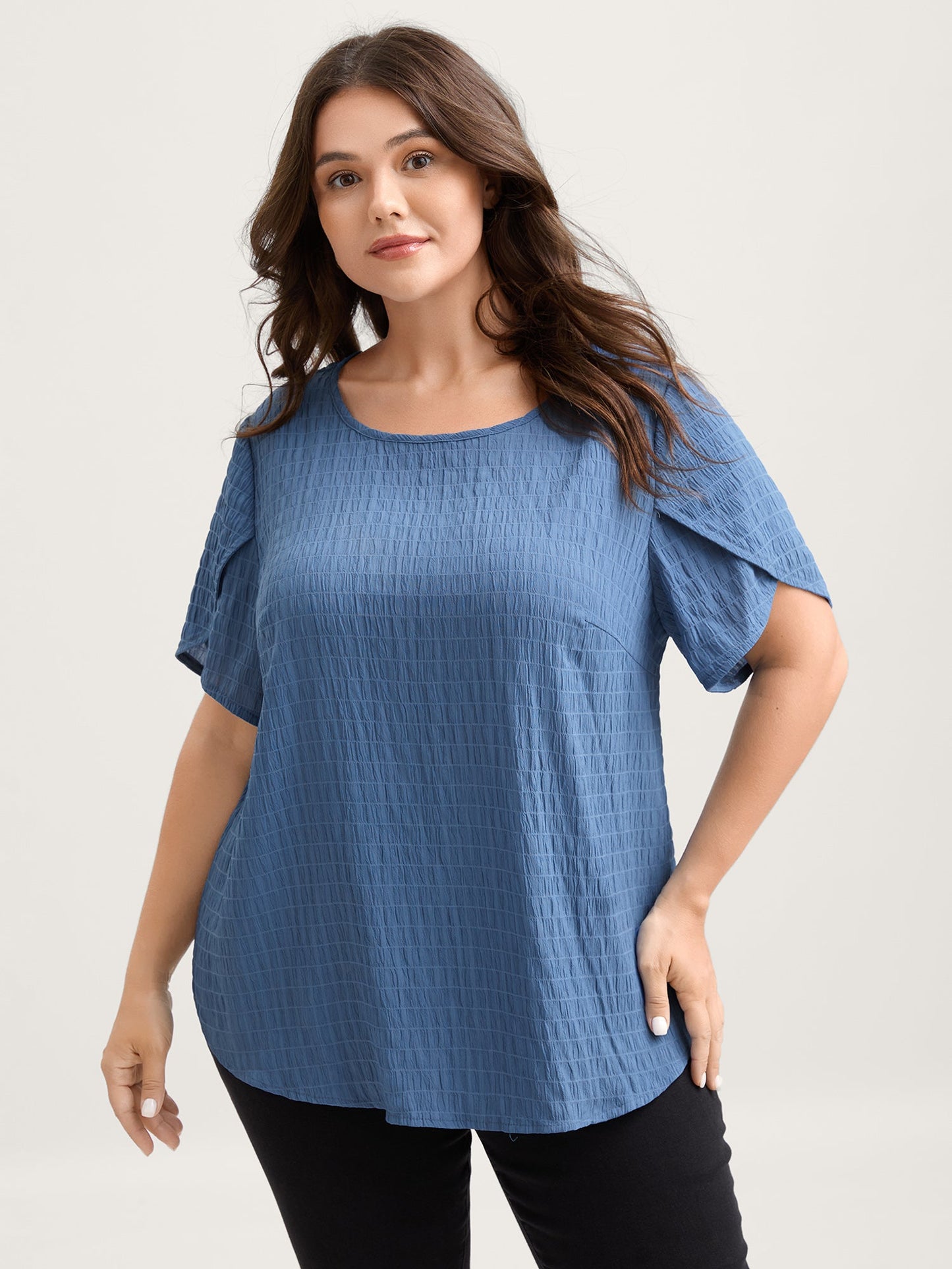 Textured Petal Sleeve Solid Blouse