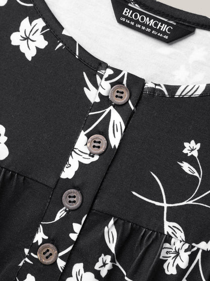 Floral Print Button Placket Pleated T-Shirt