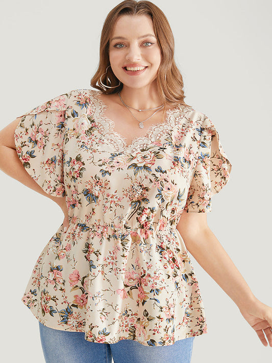 Floral Print Lace Trim Ruffle Hem Petal Sleeve Blouse