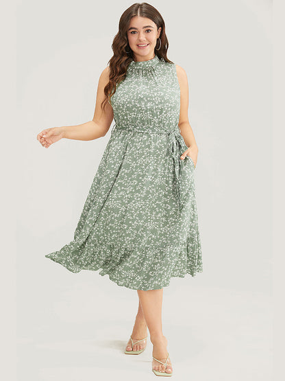 Ditsy Floral Keyhole Pocket Belted Mock Neck Ruffles Dress