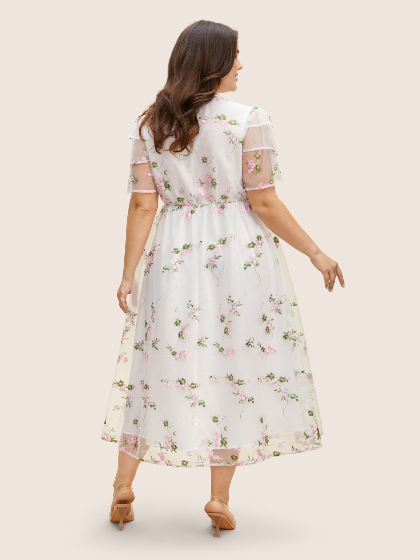 Overlap Collar Mesh Floral Embroidered Tiered Ruffles Dress