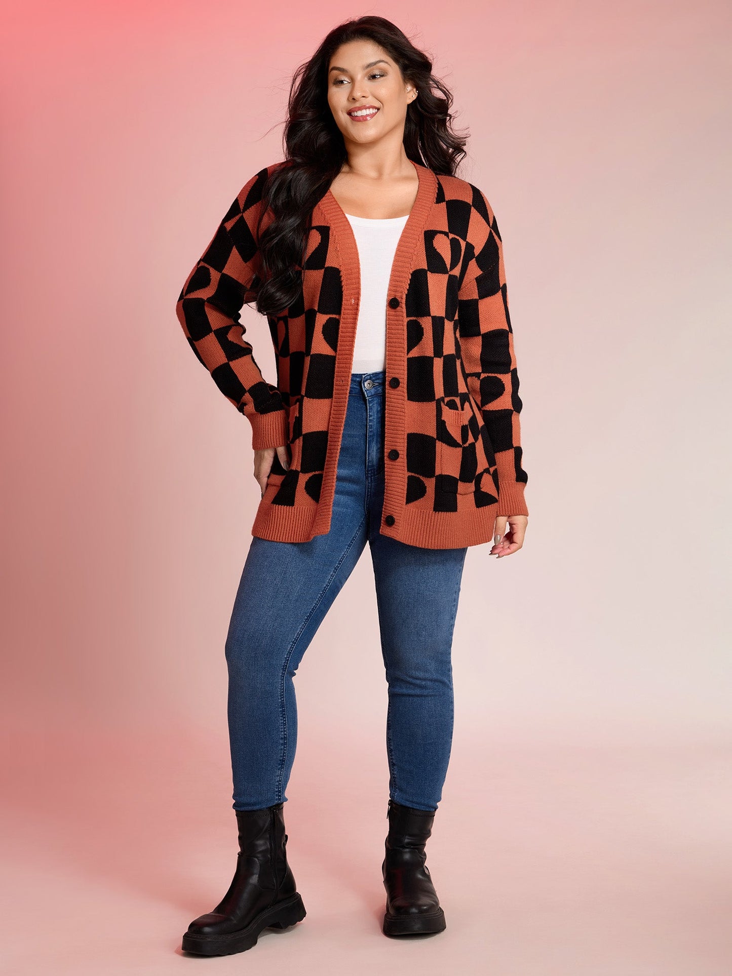 Supersoft Checkered Hearts Stretchy Knit Cardigan