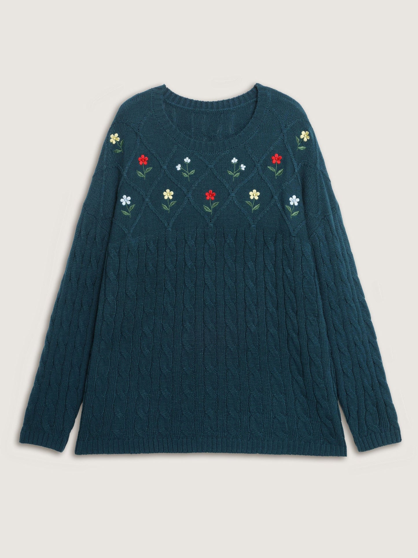 Floral Embroidered Cable Knit Pullover