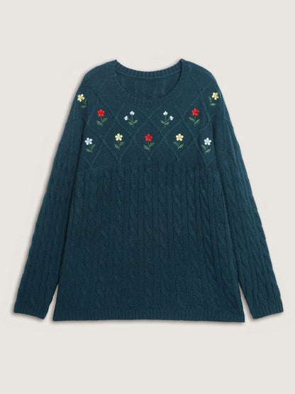 Floral Embroidered Cable Knit Pullover