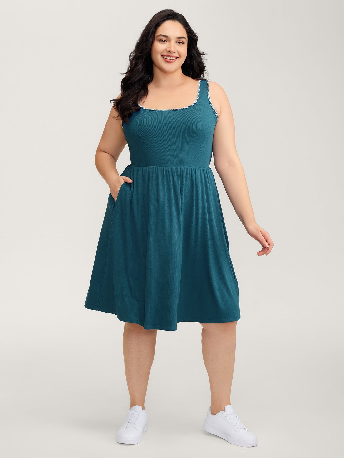 Embroidered Trim Cinched-Waist Stretchy Midi Dress