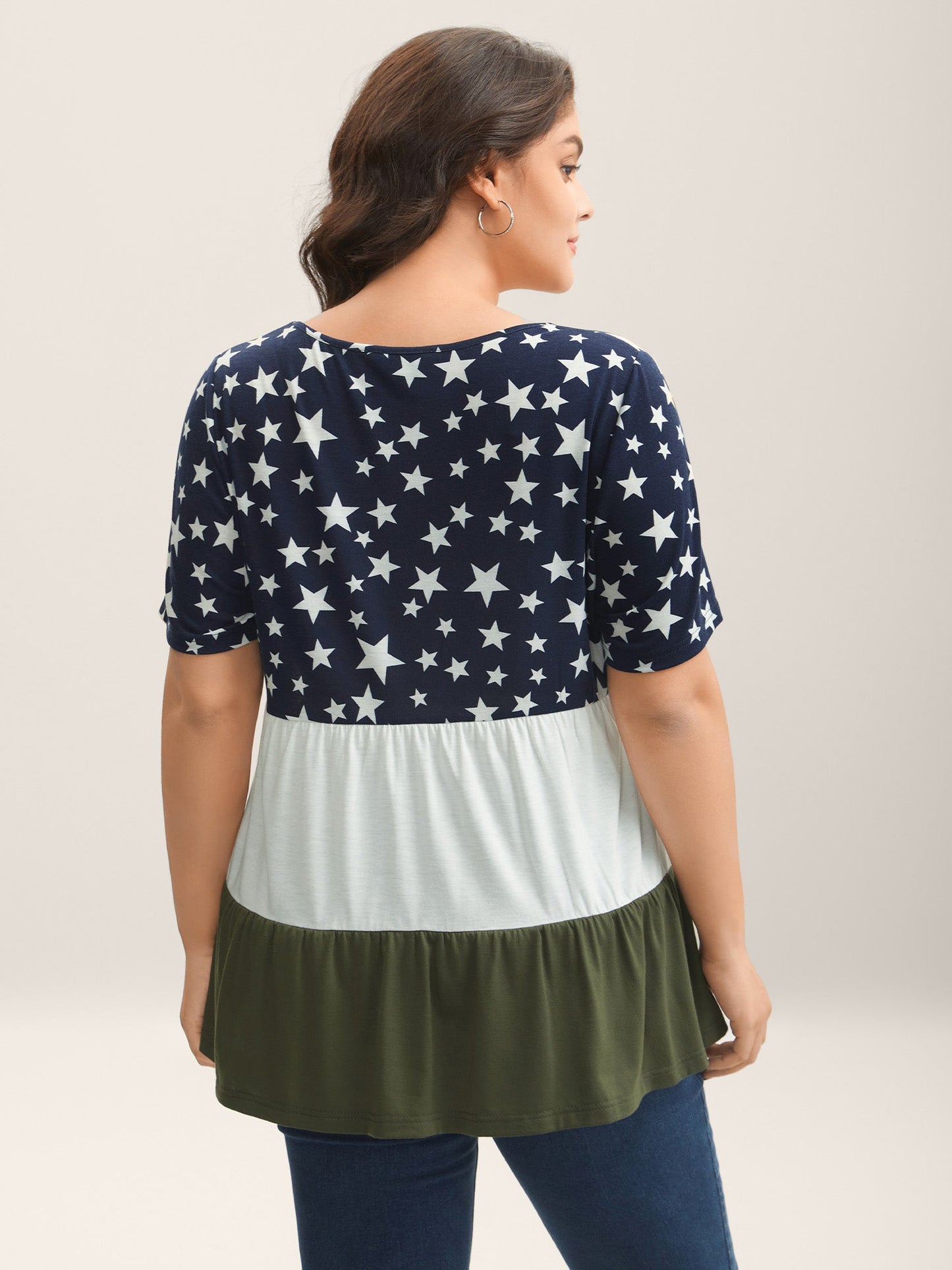 Star Print Color Contrast Tiered T-Shirt