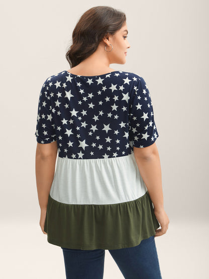 Star Print Color Contrast Tiered T-Shirt