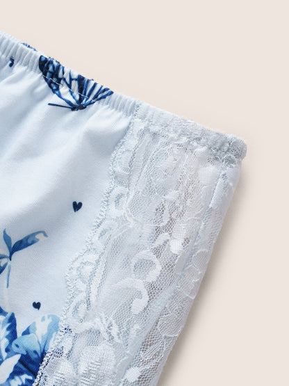 Floral Print Lace Patchwork Pajama Sets