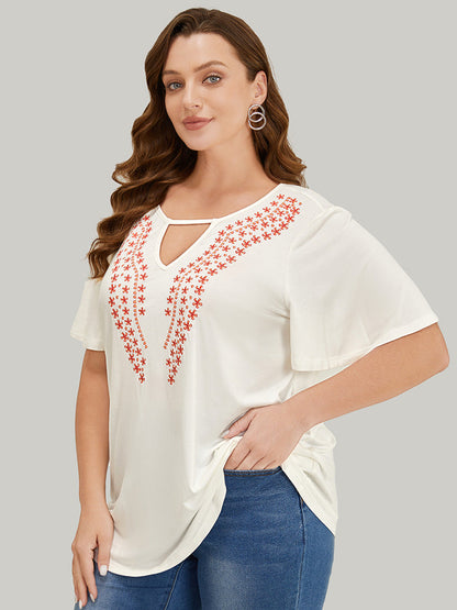 Floral Embroidered Ruffle Sleeve Keyhole Neck T-shirt