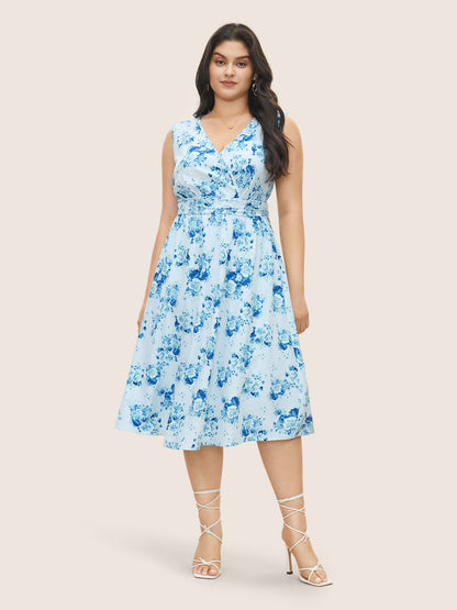 Overlap Collar Floral Sleeveless Ruched Dress