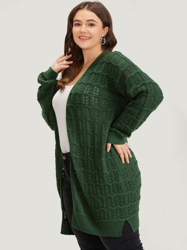 Plain Geometric Eyelet Cable Knit Tunic Cardigan