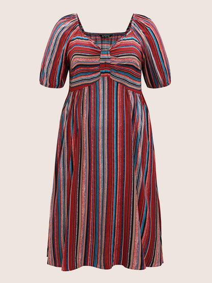 Heart Neckline Striped Lantern Sleeve Dress