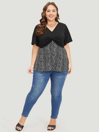 Leopard Patchwork Twist Ruffle Sleeve Blouse