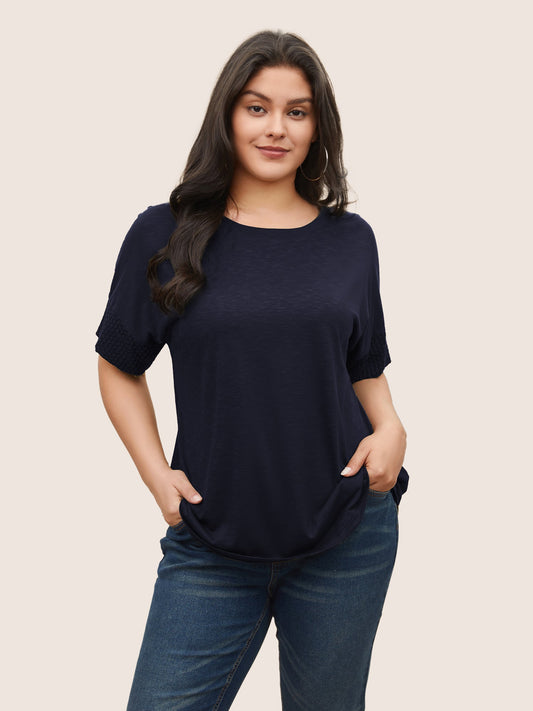 Solid Lace Insert Batwing Sleeve T-shirt