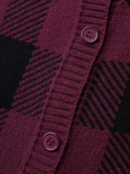 Checkered Jacquard Buttons Pockets Knit Cardigan