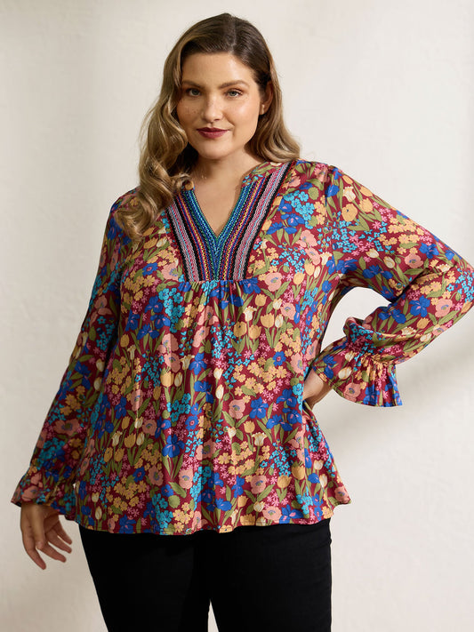 Floral Print Contrast Webbing Notched Neckline Blouse