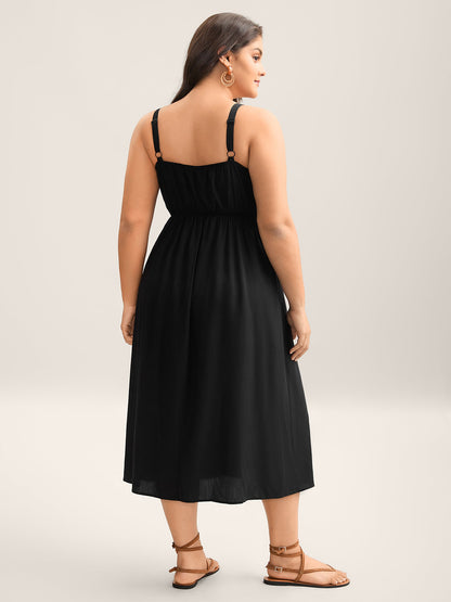 Floral Embroidered Pockets Spliced Midi Dress