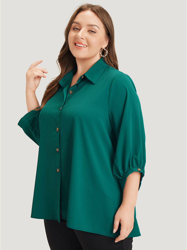 Anti-Wrinkle Solid Shirt Collar Lantern Sleeve Button Up Blouse